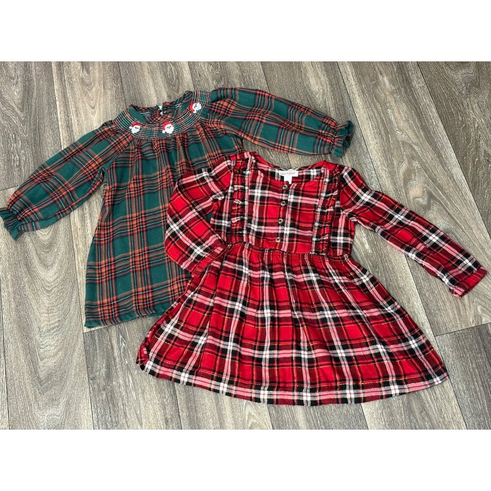 CHRISTMAS TODDLER GIRL DRESSES SIZE 4 BUNDLE 2 PLAID LONG SLEEVE SANTA EMBROIDER